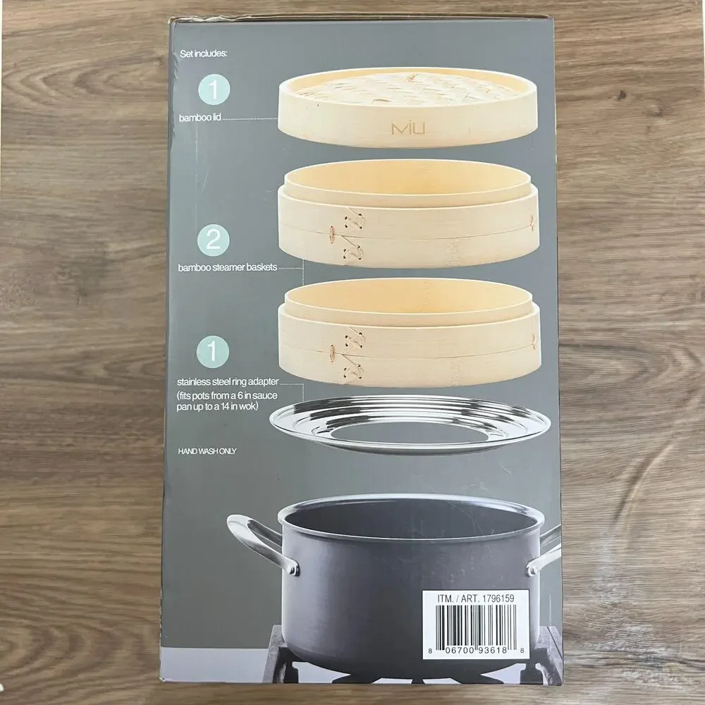 MIU Bamboo Steamer Basket 10 Inch 2 Tier Set Stainless Adapter